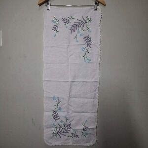 Vintage Embroidered Lavender Floral Table Runner White Lace Trim Farmhouse